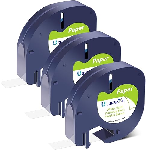 Paquete de 3 cintas adhesivas de papel blanco compatibles con Dymo 91330 10697 de 0.472 in x 13.1 ft para Dymo LetraTag Refill 200B LT-100H LT-100T