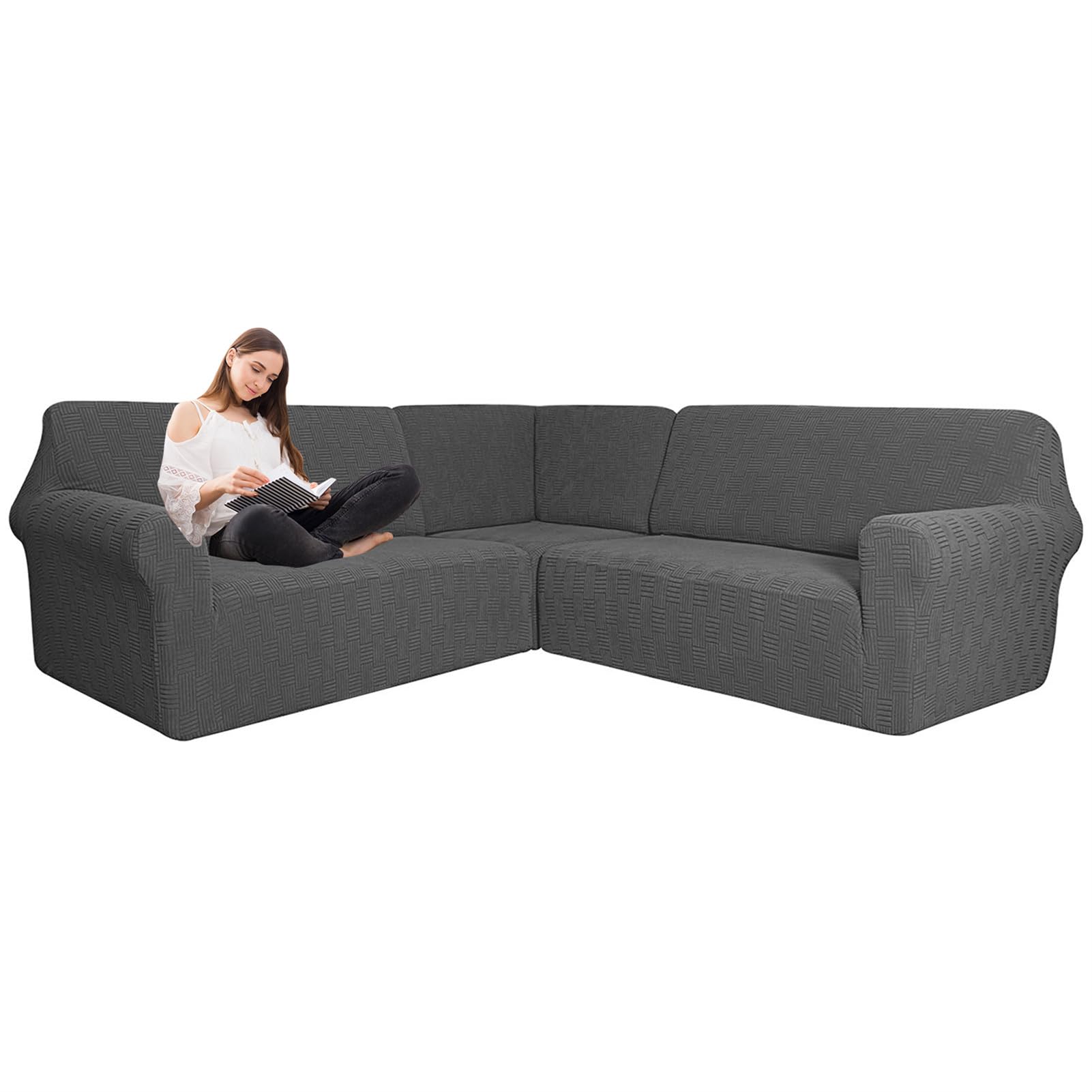 JUNLEBUYI Stretch Jacquard Corner Sofa Slipcover, 3 Pcs L Shape Couch Covers for Sectional Corner Sofa 5/7 Seater, Sectional Couch Protector for Living Room (Dark Grey,7-Seater)