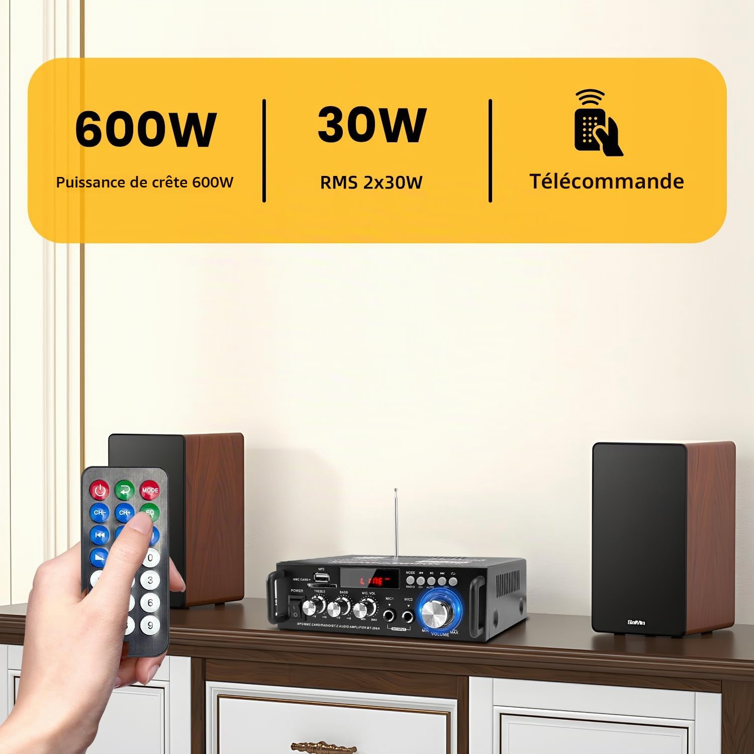 Amplificateur de puissance Bluetooth 5.0, 300 W + 300 W | Stereo Hi-Fi Digital Amp 2.0 Channel avec entrée USB/Bluetooth/FM, Mini Récepteur audio 12V / 220V pour Voiture et Maison