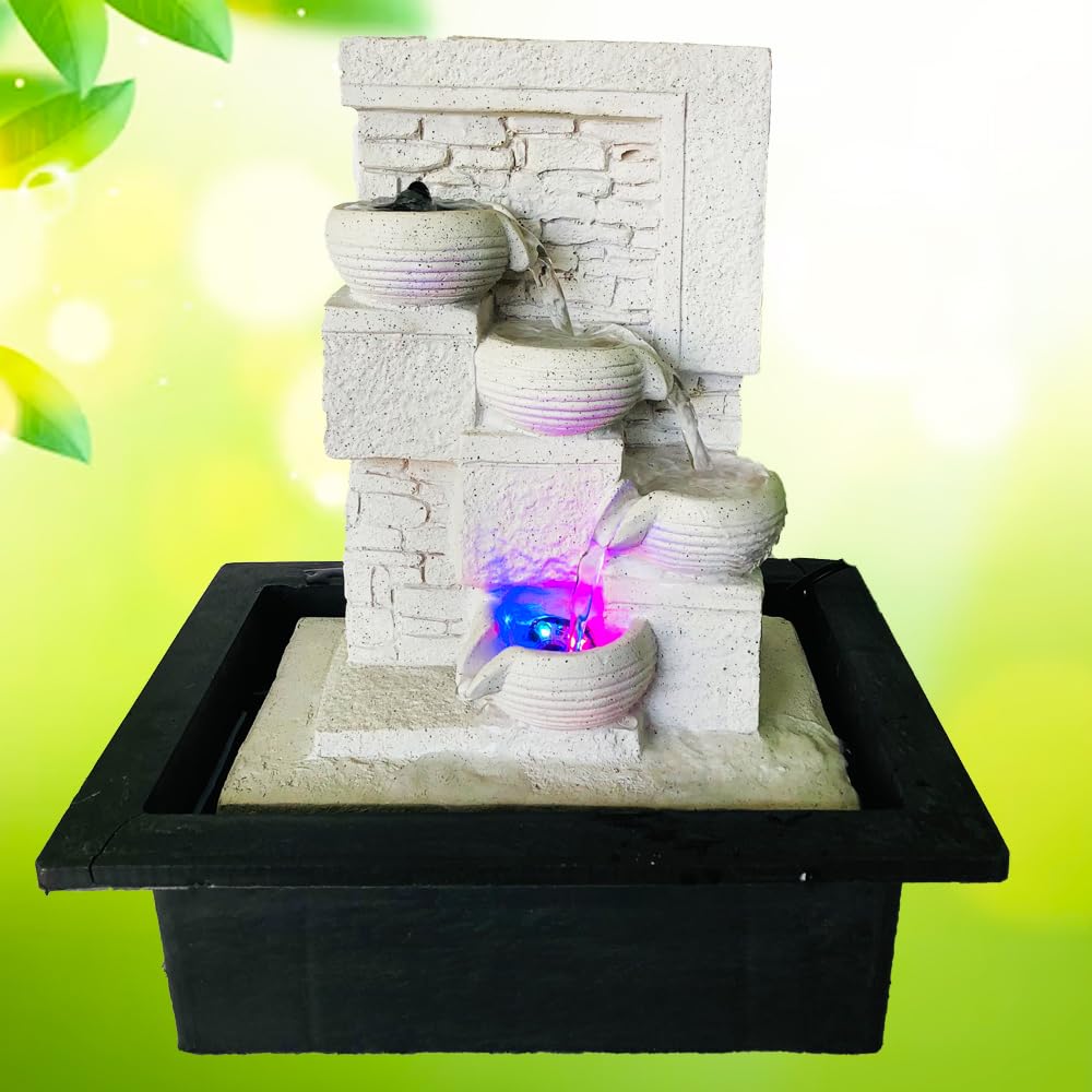 Waterfall Fountain Indoor Home Decor Polyresin Indoor/Outdoor Water Fountains with LED Lights, Home Decor, Decoration Living Room, Birthday Gift, (White)-image-23