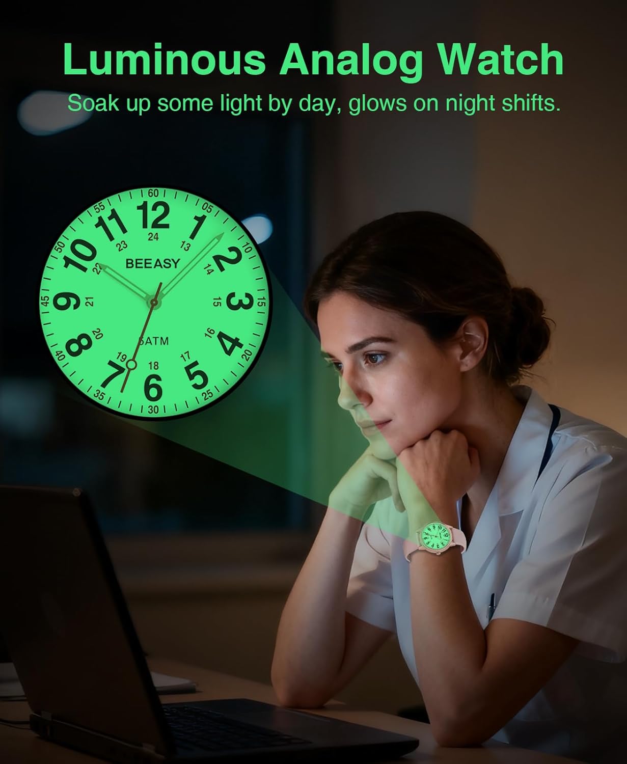 Beeasy Waterproof Nurse Watch - 38mm Analog Watch with 12/24 Time & Easy Read Luminous Dial, Soft Silicone Band for Comfort, Silent Second Hand Nursing Watch for Student Nurses & Doctors - Image 4
