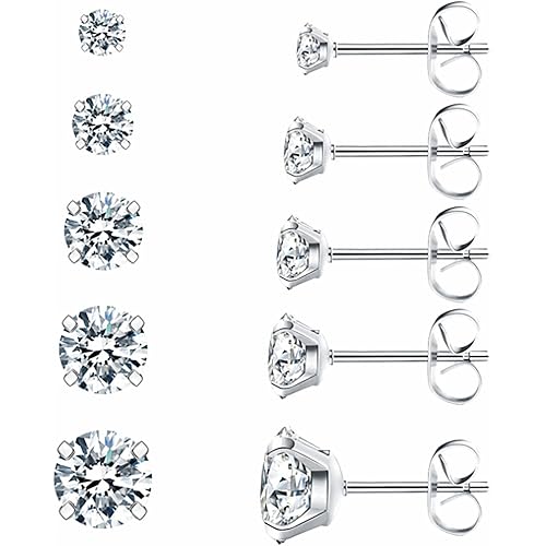 5 Pairs Stud Earrings Set, Stainless Steel Stud Earrings Set for Women, Premium Cubic Zirconia Studs, Hypoallergenic Cubic Zirconia 316L Earrings 3-8mm