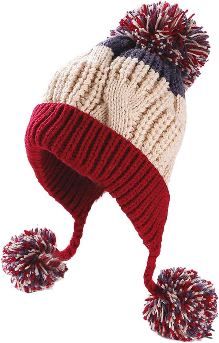 HUAMULAN Women Winter Peruvian Cover Ears Beanie Hat Ear Flaps Sherpa Ski Snow Hats Knit Fleece Lined 3 Pom Pom