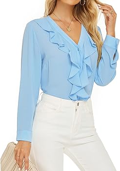 Moreone Women's Long Sleeve Lotus Ruffled V Neck Button Down