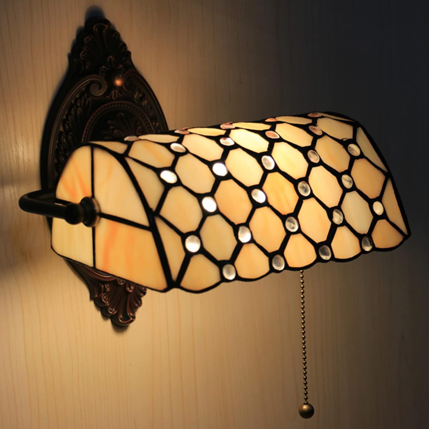 Tiffany Style Mediterranean Wall Sconce Lamp Stained Glass Wall Lamps with Crystal Beads for Bedroom Living Room Aisle Bedside, E27,Orange