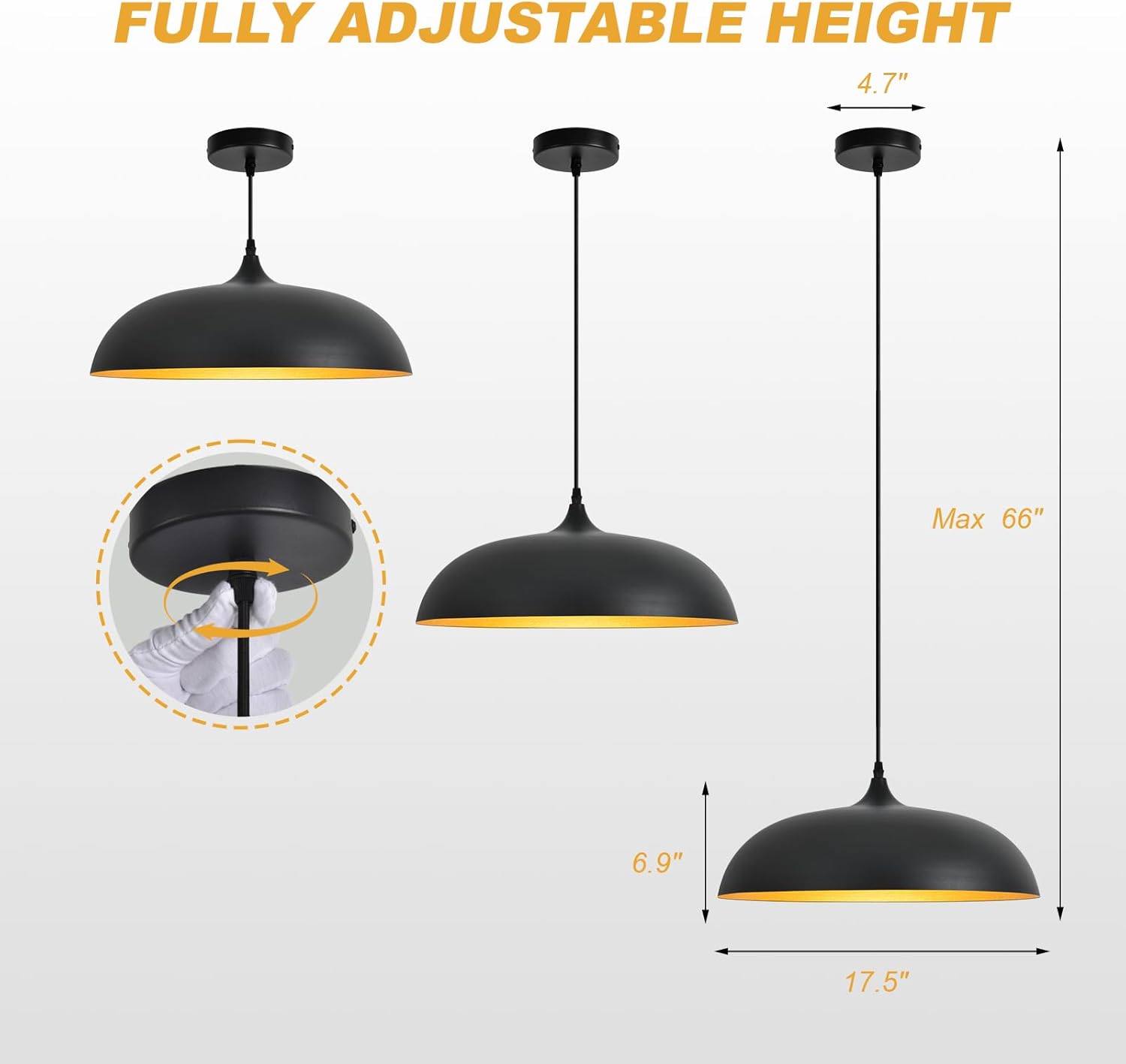 Large Pendant Light Fixtures Ceiling Hanging, 17.7" Dome Pendant Lights,Black and Gold Finish Lighting Fixture,Adjustable Pendant Lamps for Living Room,Dining Room,Kitchen Island