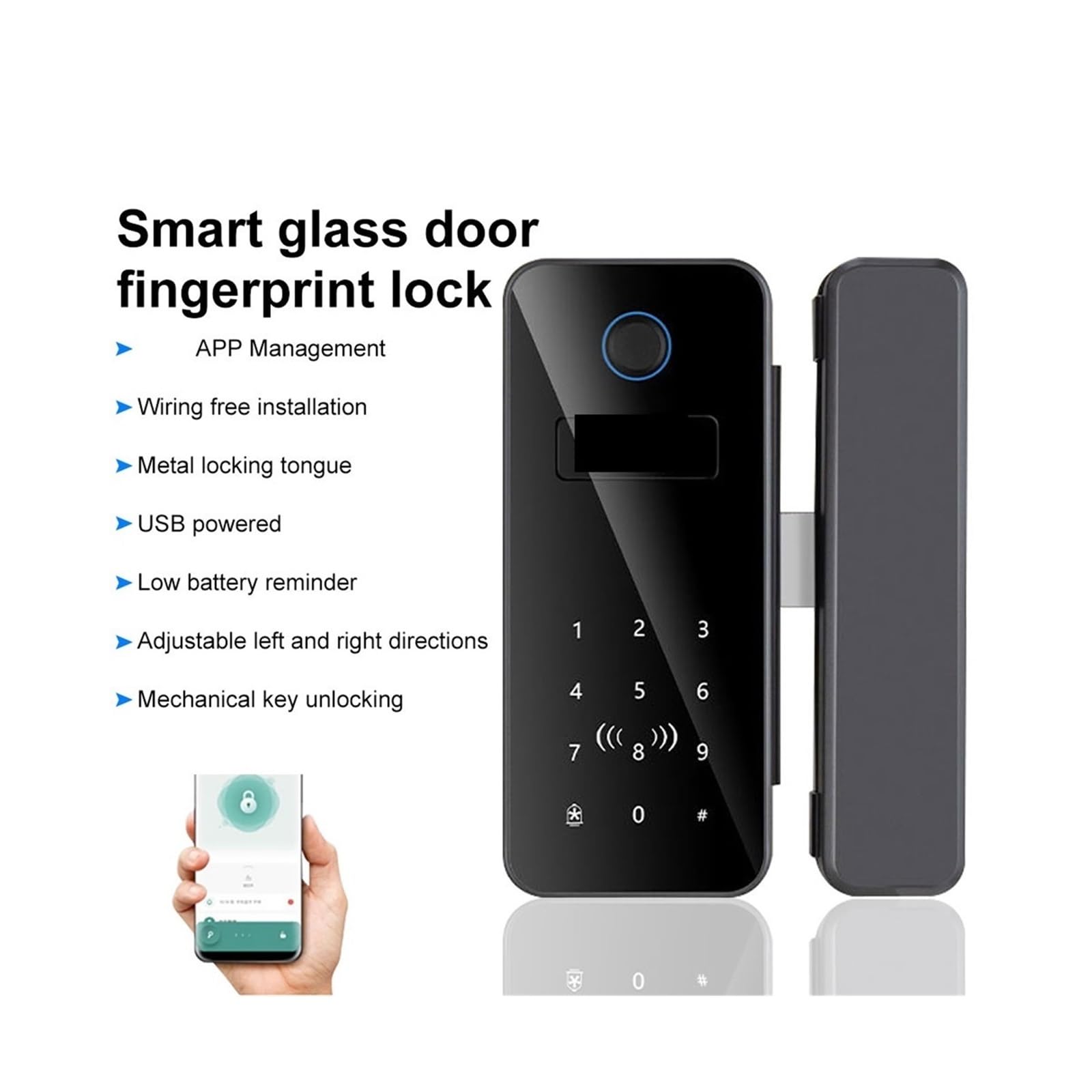 Inteligentny zamek, Elektroniczna Blokada Drzwi Szklanych Bluetooth Z Rozpoznawaniem Odcisków Palców, Inteligentna Aplikacja, Karta RFID, Biometryczne Odblokowanie Zamka(B12-remote control)