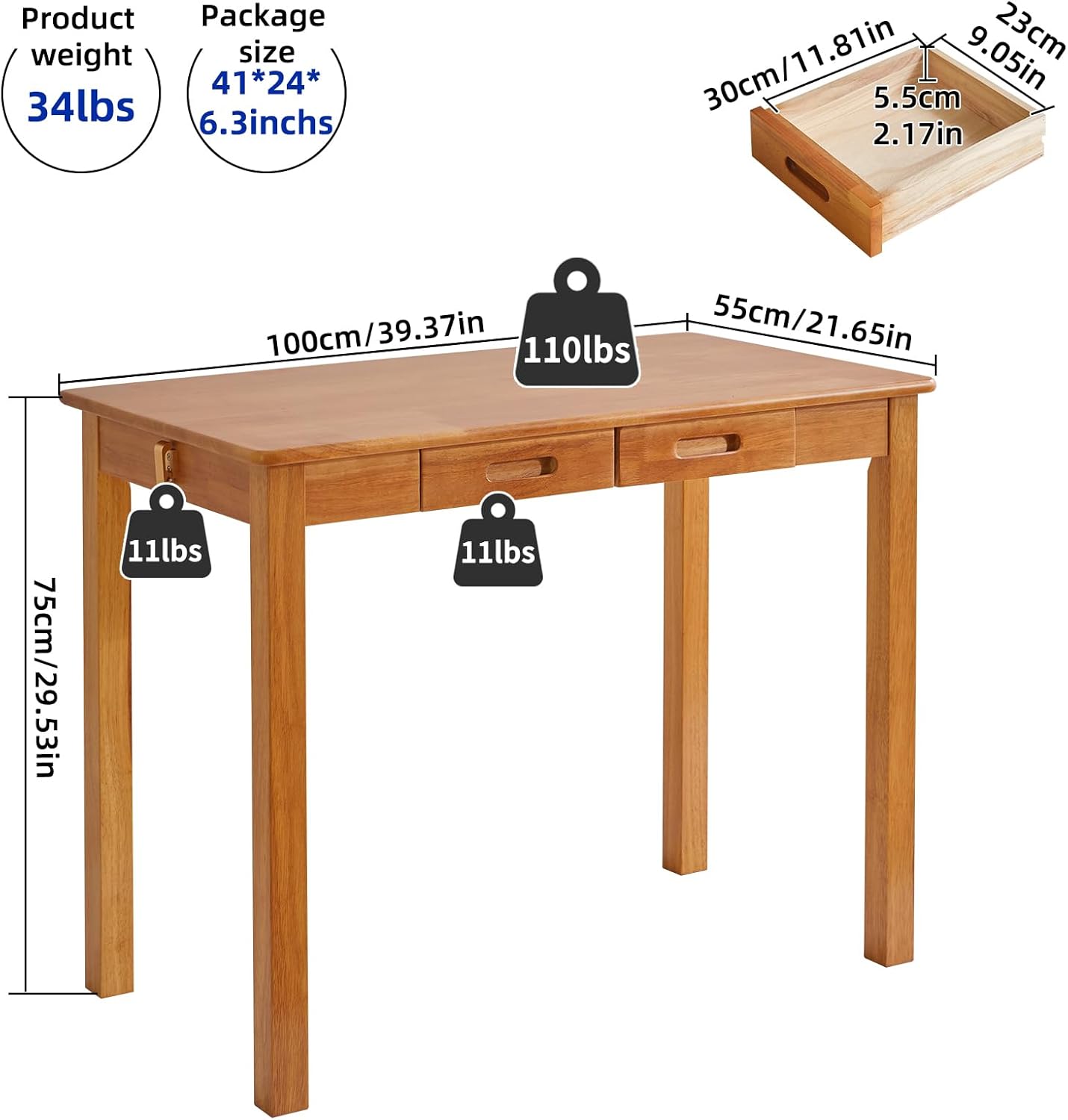 Wood Writing Desk with Drawers and Hooks, Small Computer Table, 39x22x30inch Work Desk, Study Table, Small Wooden Dining Table Cherry Wood Color YD-WD02N