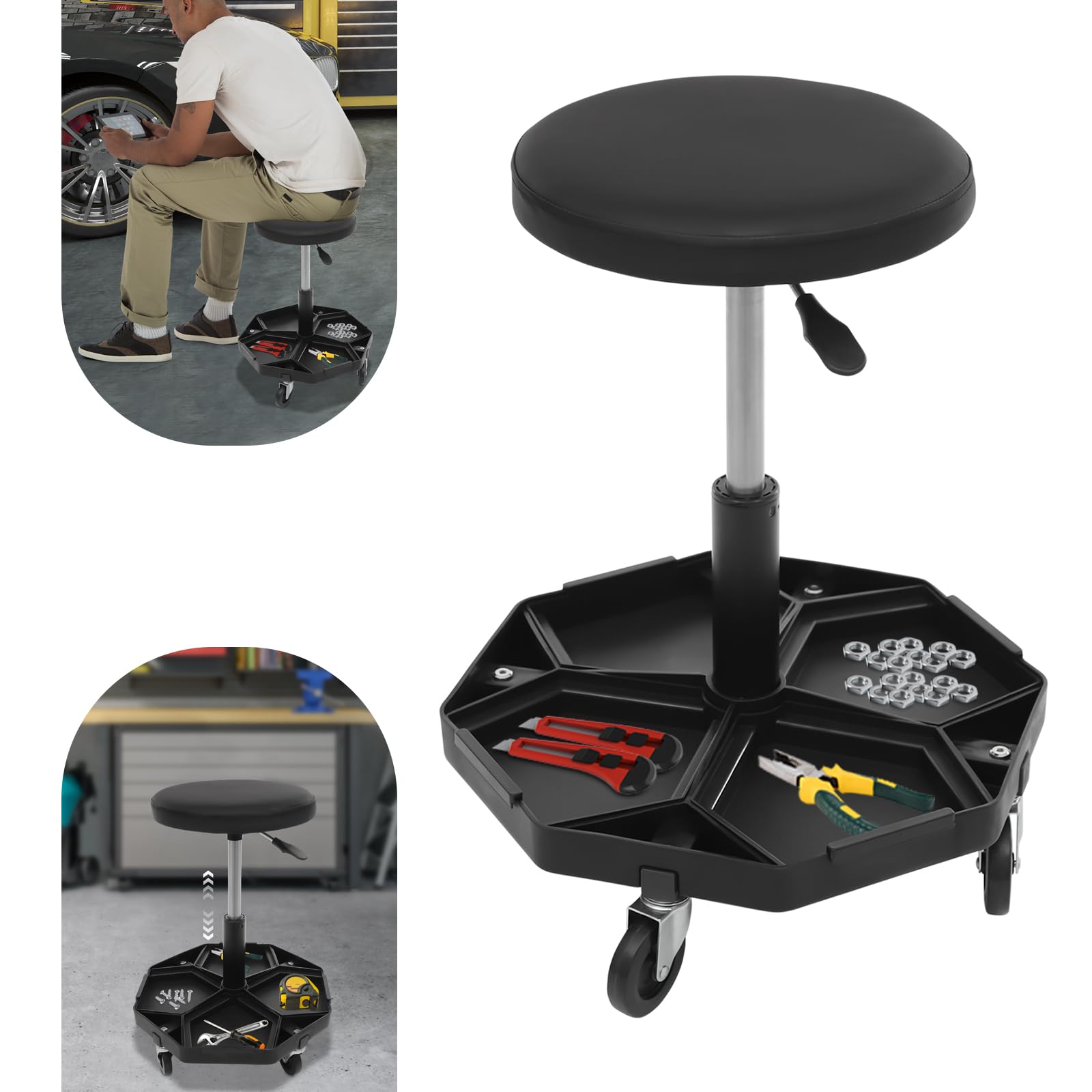 Werkstatthocker, Werkstatt-Rollsitz Tragfähigkeit 150 kg, Werkstatthocker mit 4 Universalrollen, 45-61cm Rollhocker Höhenverstellbar, Pneumatischer Rollhocker (Schwarz)