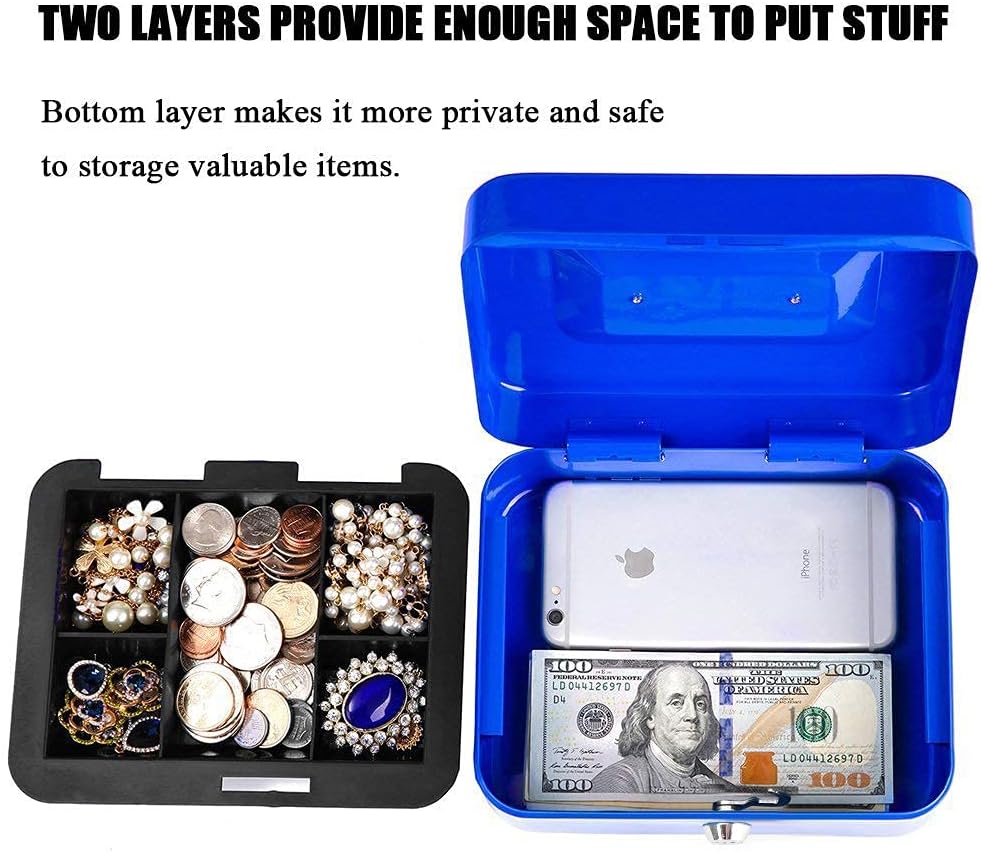 Large Cash Box with Key Lock, Portable Metal Money Box with Double Layer & 2 Keys for Security 20 * 16 * 9cm (XL, Blue) - Image 3