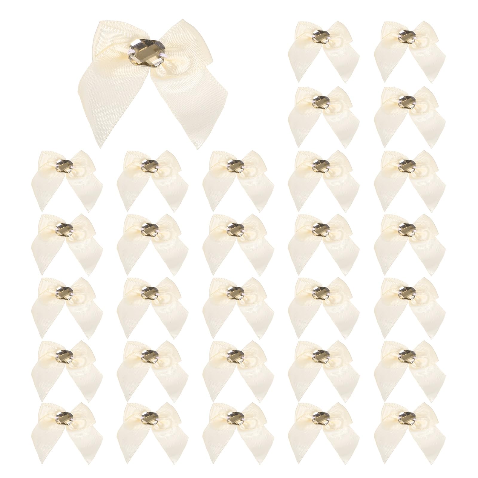 sourcing map 100Pcs Mini Satin Ribbon Bows with Rhinestones,1.38inch Mini Ribbon Flowers Appliques for DIY Christmas Wedding Decor Party Hair Sewing Candy Bags Scrapbooking Gift, Beige