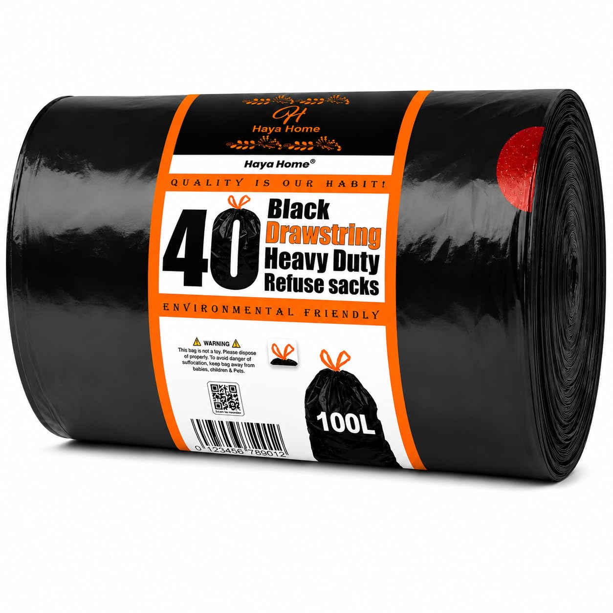 Haya Home 100L litre 40 Drawstring Bin Bags Heavy Duty Bin Liners Black Plastic Refuse Sacks tie top handle large Waste Dustbin Bags for Kitchen Home Office DIY Garden 100% Recycled Material-image-14