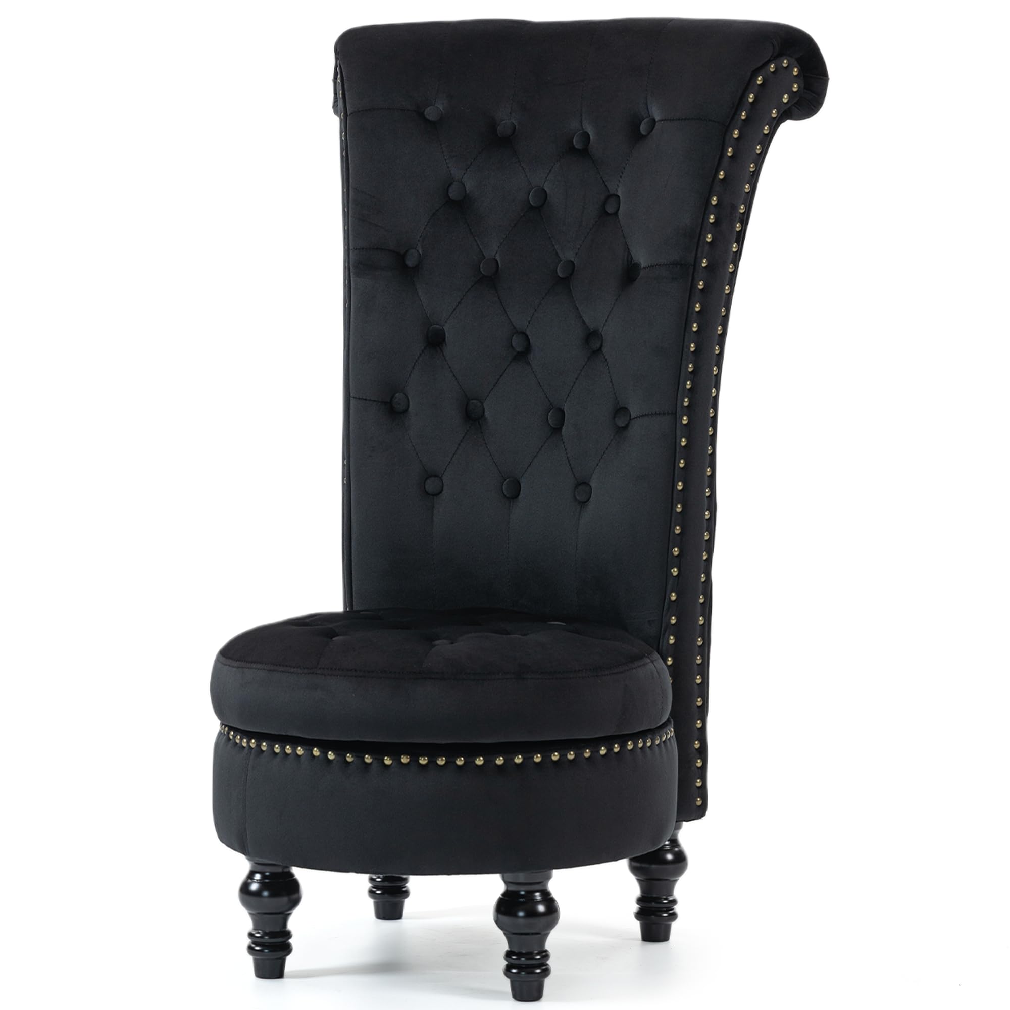 high back throne royal chair, velvet armless accent chair with storage, nailhead trim, solid rubberwood legs for living room bedroom black