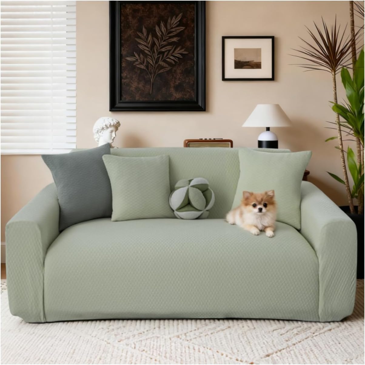 Stretch Couch Covers, Couch Covers for 3 Cushion Couch Sofa pet Friendly, Washable, Furniture Protector Sofa with Elastic Bottom for Cats, Dogs (Puff Grid - Green, 3 Seats)