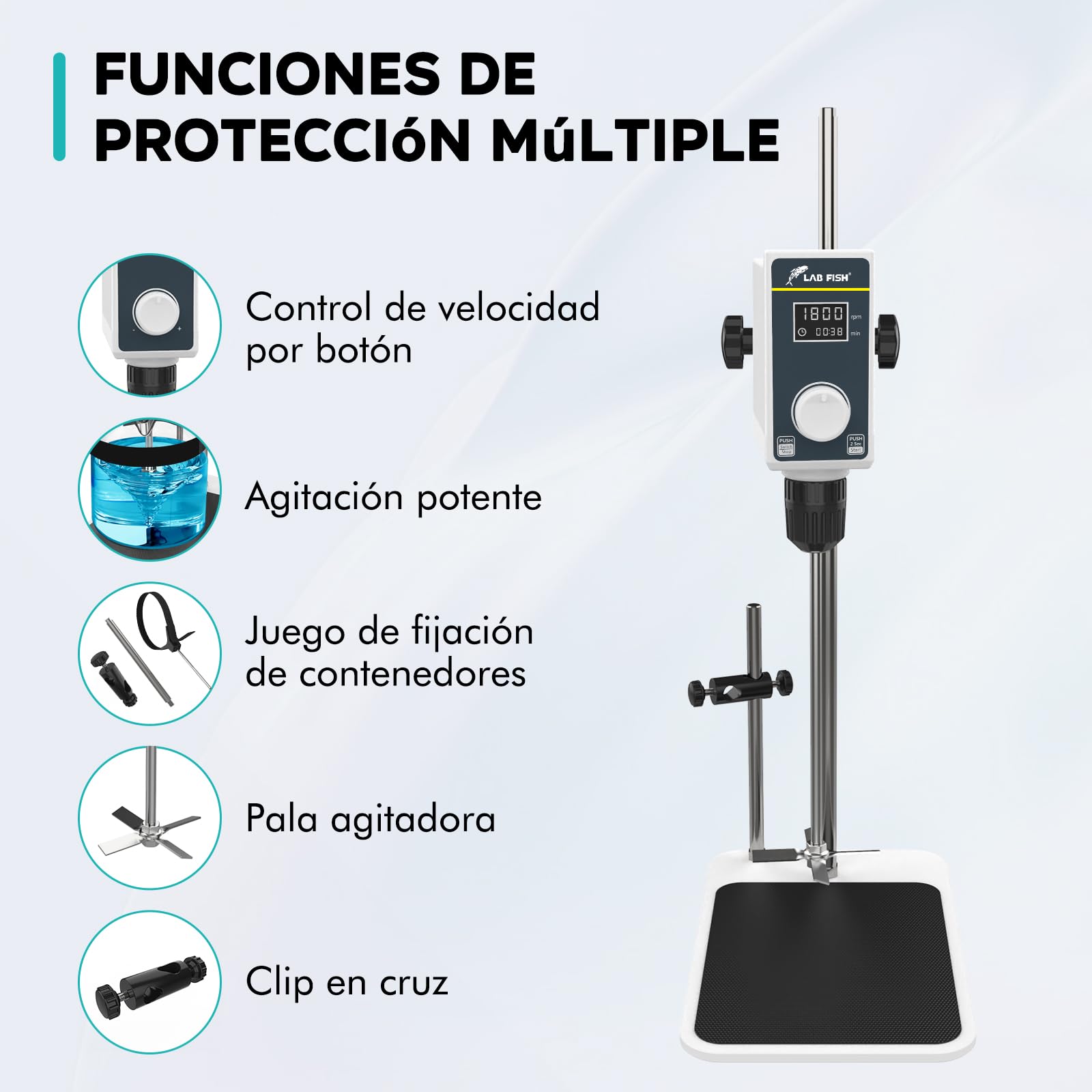 LAB FISH Agitador de Sobremesa Overhead Stirrer, Mezclador de Laboratorio con Paleta y Soporte Acero Inox, Velocidad Ajustable 100-1500 RPM, Temporizador 1min-24h, 20L