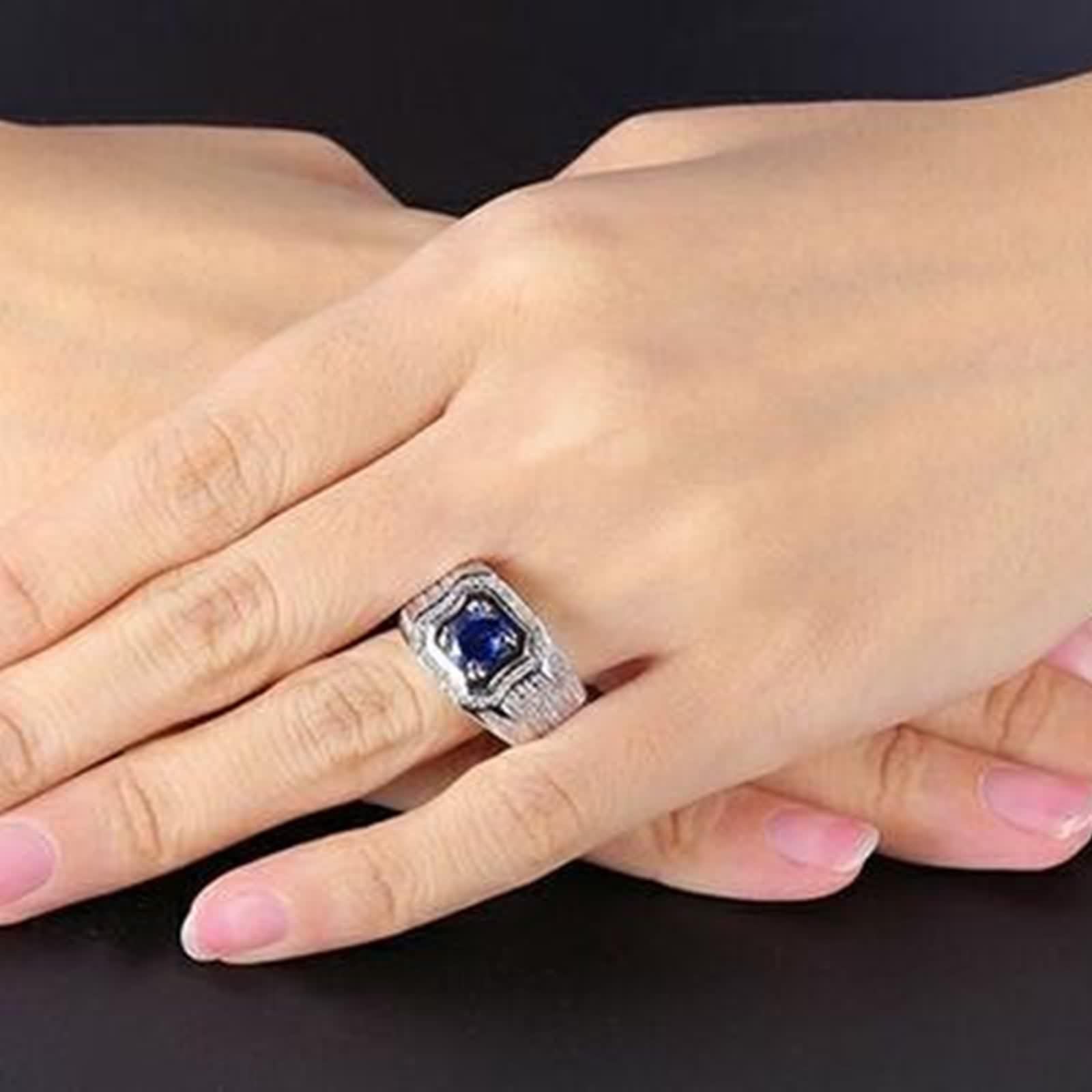 Anillo Hombre Boda, Anillos Oro 18K Hombre Azul 1.23 Kilates Zafiro Creado En Laboratorio Cuadrado Oro Blanco 750 con Moissanita Talla 25