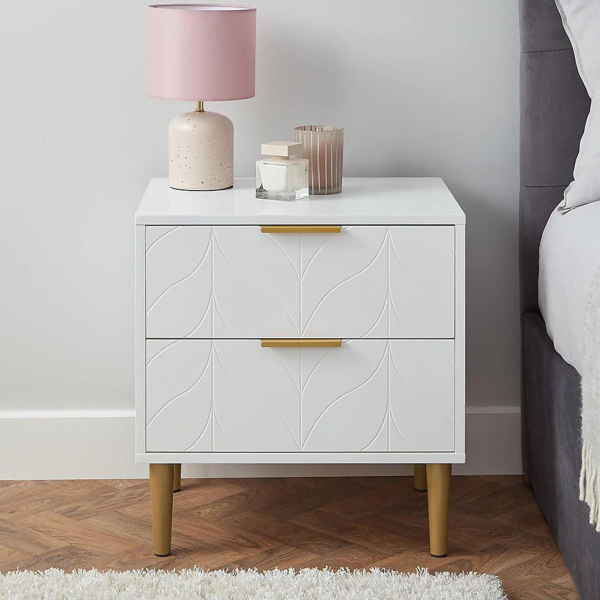Sponsored Ad – Bedside Table - Wooden Bedside Cabinet with 2-Drawer for Storage - White Bedside Table with Bronze Accents for Bedroom, Living Room, and Small Spaces - H 53 x W 50 x D 40 cm