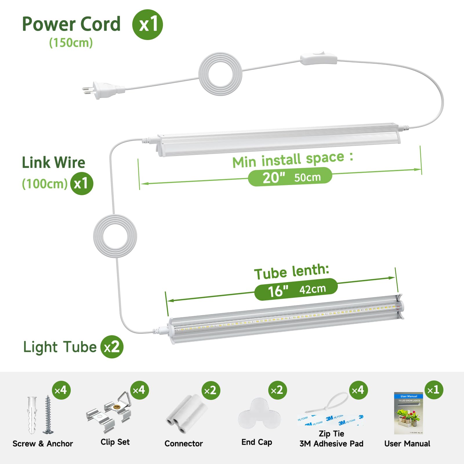Lampes T5 pour plantes d'intérieur 42cm pack de 2 10W LED plein-spectre avec réflecteurs