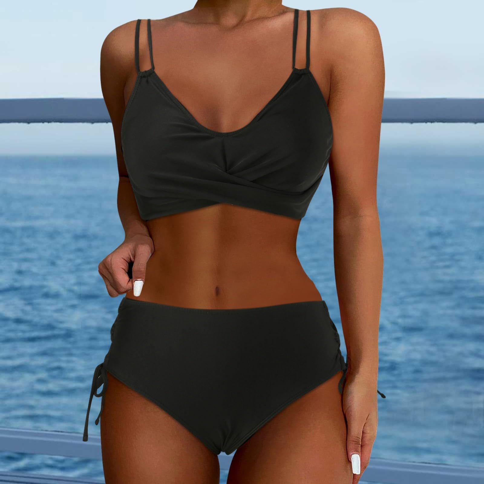 Bikini dla kobiet zestaw bikini z wysokim stanem dwuczęściowy strój kąpielowy push up owijany top i spodnie, czarne, M