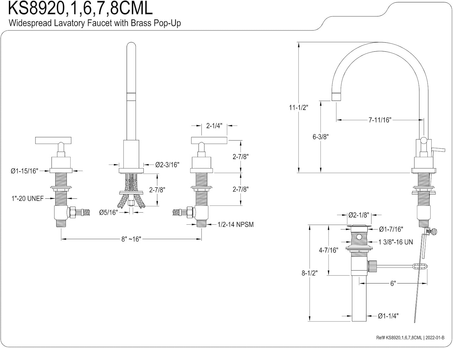 Kingston Brass KS8928CML 8 in. Widespread Bathroom Faucet, Brushed Nickel