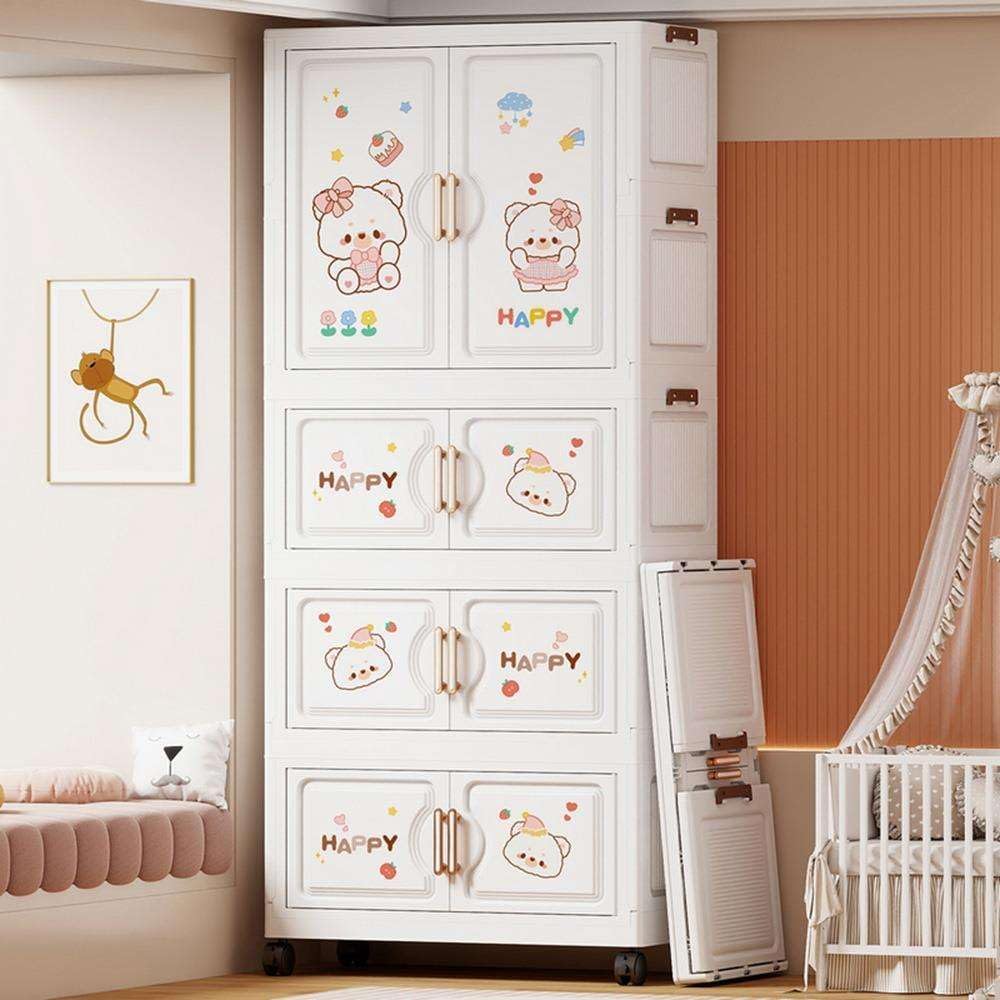 Mevigo 4- Door Plastic Wardrobe for Kids| Almirah and Wardrobe for Baby Clothes| Modular Storage Cabinet with Wheel Organizer for Cupboard Rack for Clothes/Shoes/Books/Toy -White-K70213