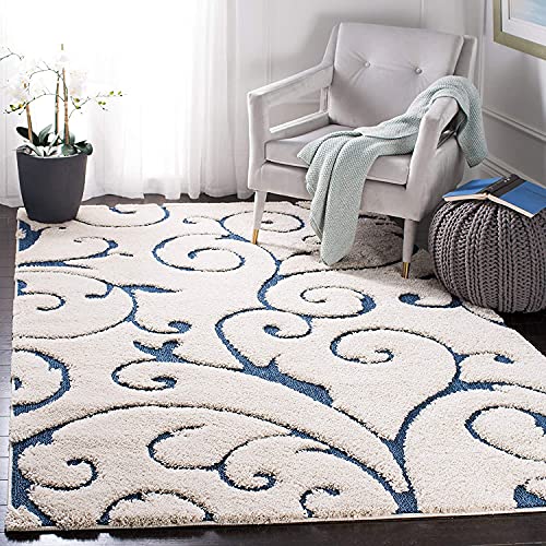 Image of Grand Swirl Premium Shaggy Rectangular Carpet For Living Room,Bedroom,High Low Design Finish Microfiber 1.8 Inch Pile High,5X7 Feet Cream|Blue Color