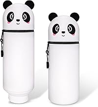 Mexgcom-Trousse Silicone Verticale, Kawaii 2 en 1 Grande Capacité Trousse à Crayons Rétractable, Trousse Porte-Stylo de Table, Porte-Plume, Fermeture Eclair en Silicone, pour Garçon et Fille (Panda)