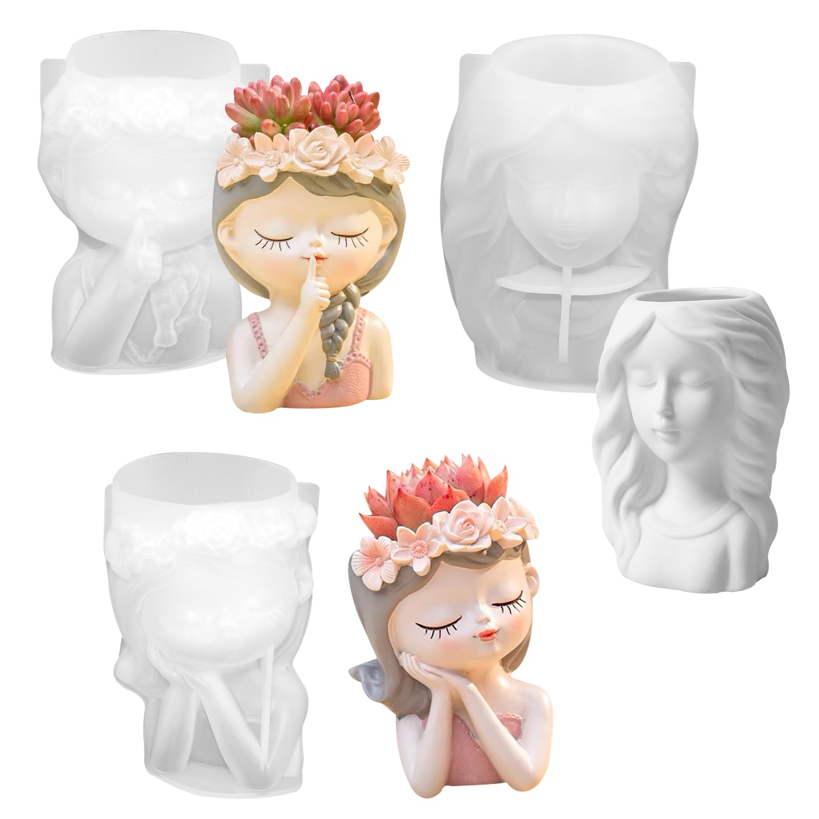 3 Pieces Cute Girl Flower Pot Cement Silicone Mold Small Plant Pot Silicone Mold Succulent Pot Silicon Mold Girl Shape Epoxy Resin Casting Mold for Epoxy Resin Casting Clay Craft-image-45