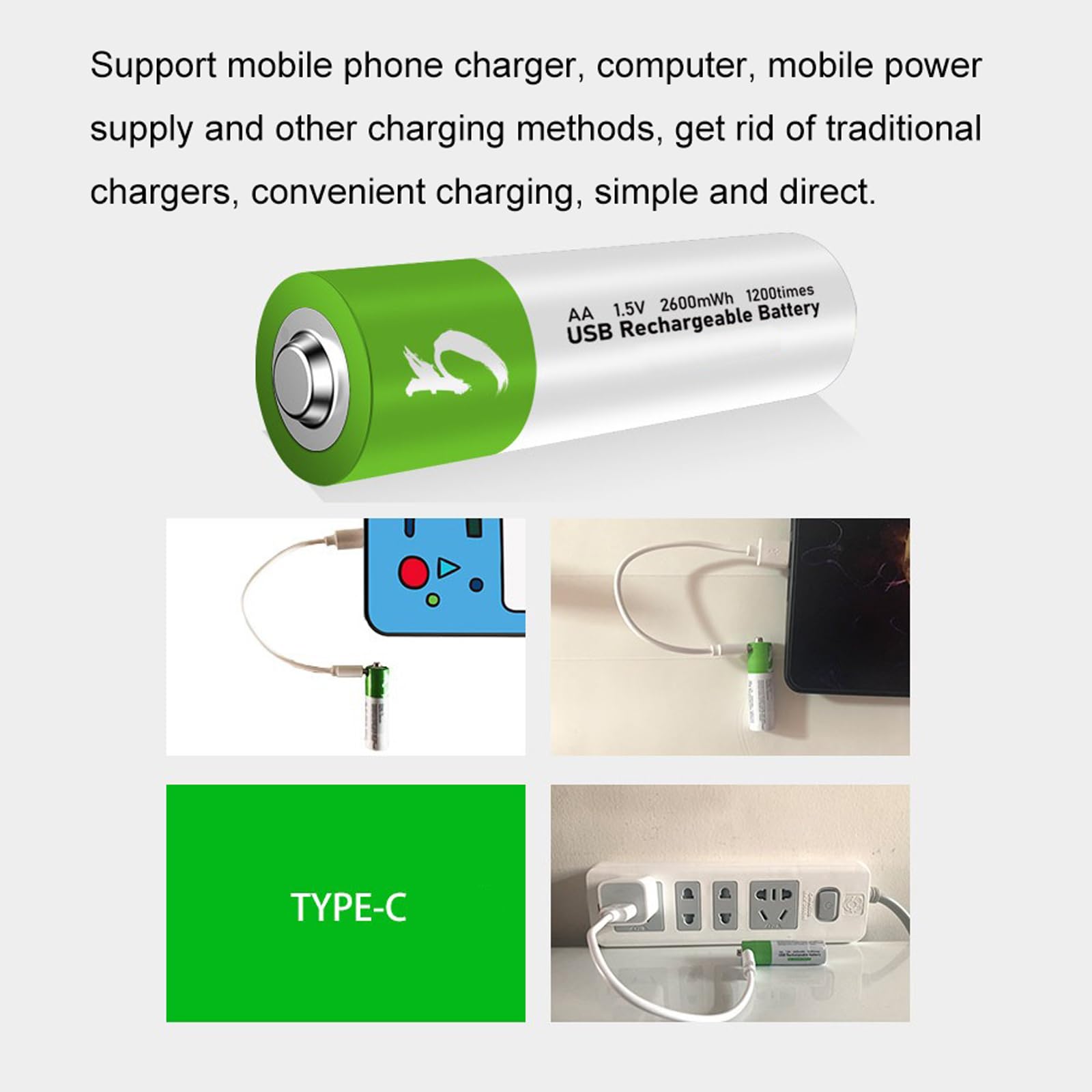 Batterie Lithium-ION USB AA/AAA 1,5 V 2600 mWh Batterie Rechargeable AA 1,5 V 750 mWh Batterie AAA Charge Rapide 1200 Cycles avec câble de Type C 2/4 Paquets