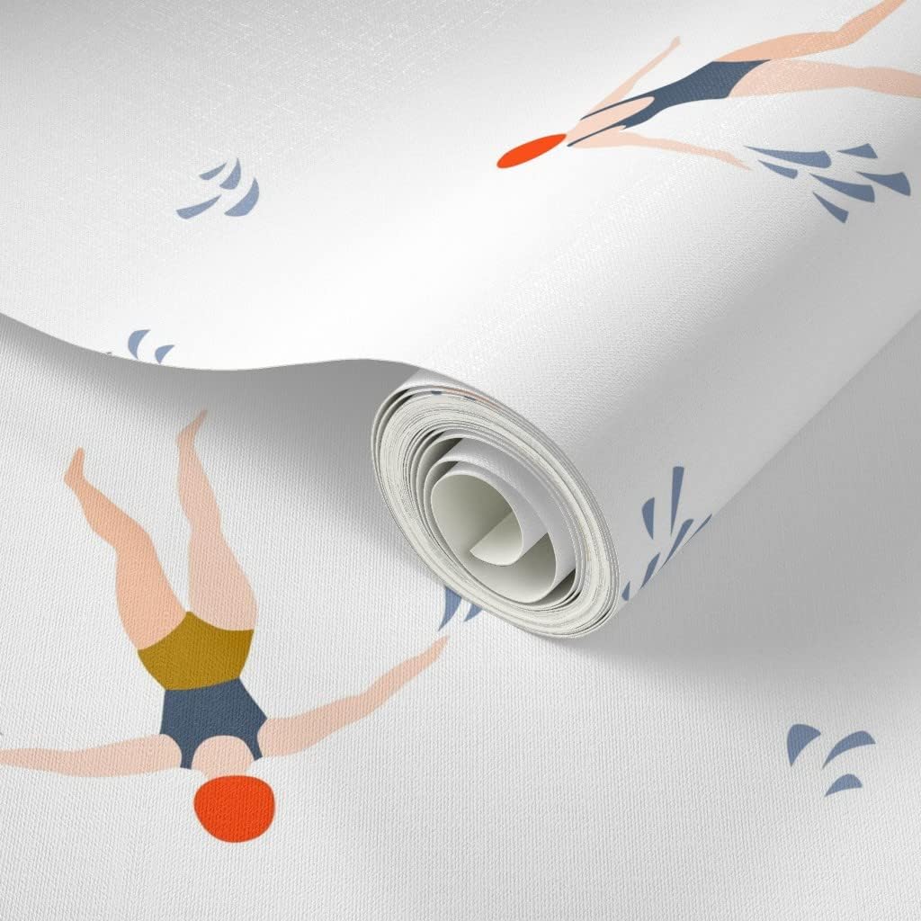 Peel & Stick Wallpaper Swatch - Cute Swimmers White Light Swimming Hand Drawn Custom Removable Wallpaper by Spoonflower