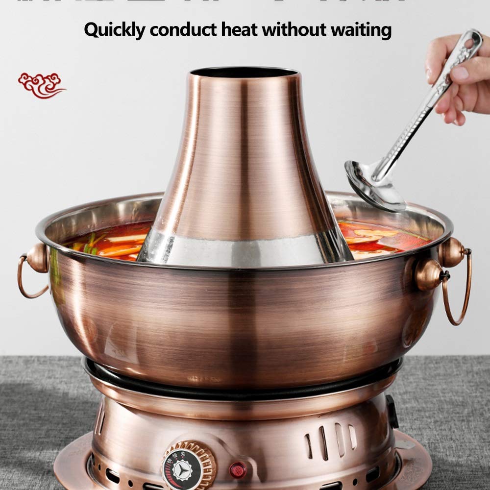 Pot Chaud électrique et Charbon de Bois à Double Usage de Style Chinois en Imitation cuivre de Pékin en Acier Inoxydable épaissi réglage de la température à,34 cm