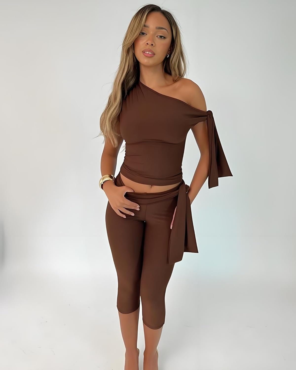 Two Piece Sets for Women Sleeveless Off the Shoulder Tops High Waist Bodycon Capri Pants Summer Outfits Clubwear - Image 2