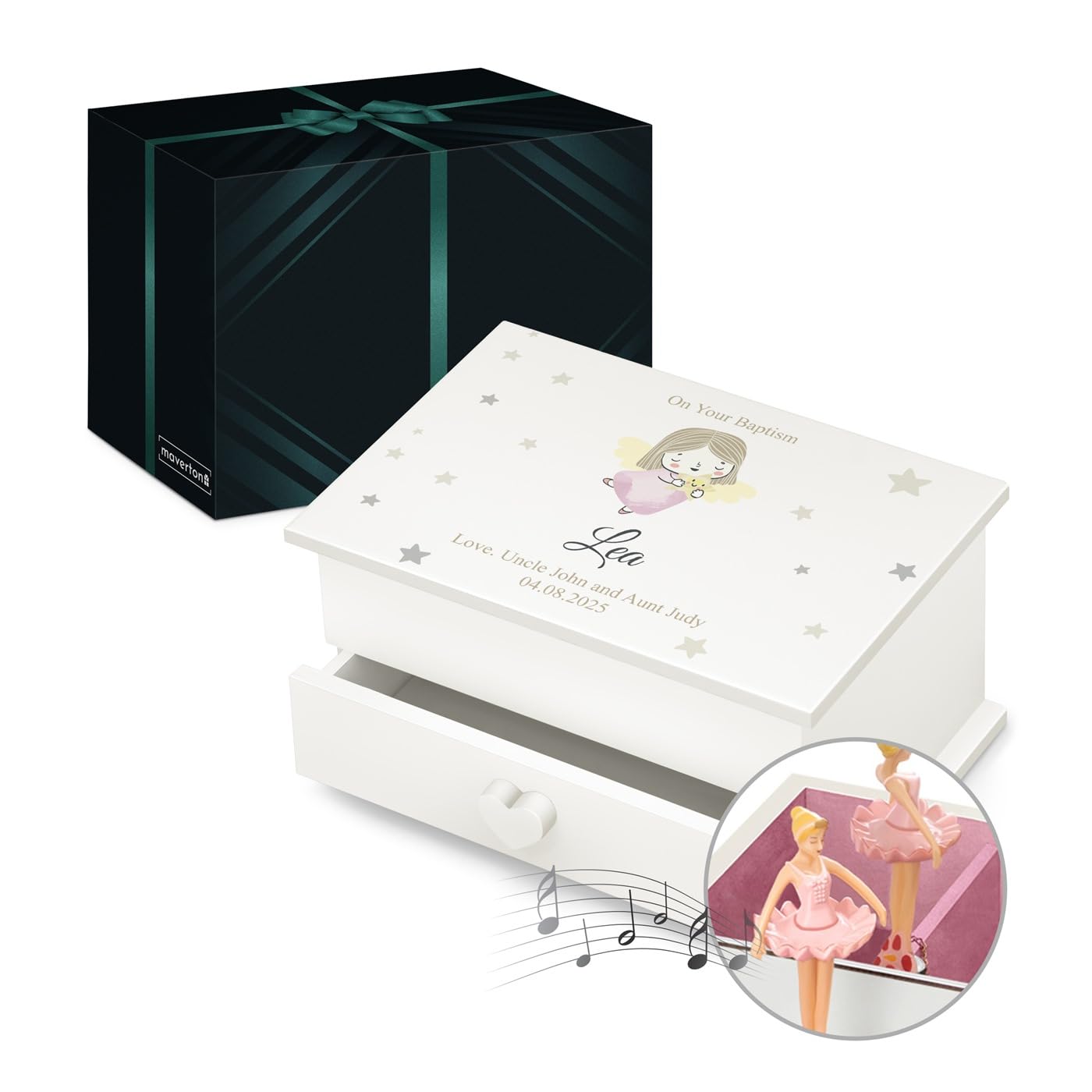Maverton Personalised Ballerina Box for little princess - Treasure Box with Drawer for girl - Wooden Jewellery Box with overprint - Customised White Organiser for Birthday for her - Child