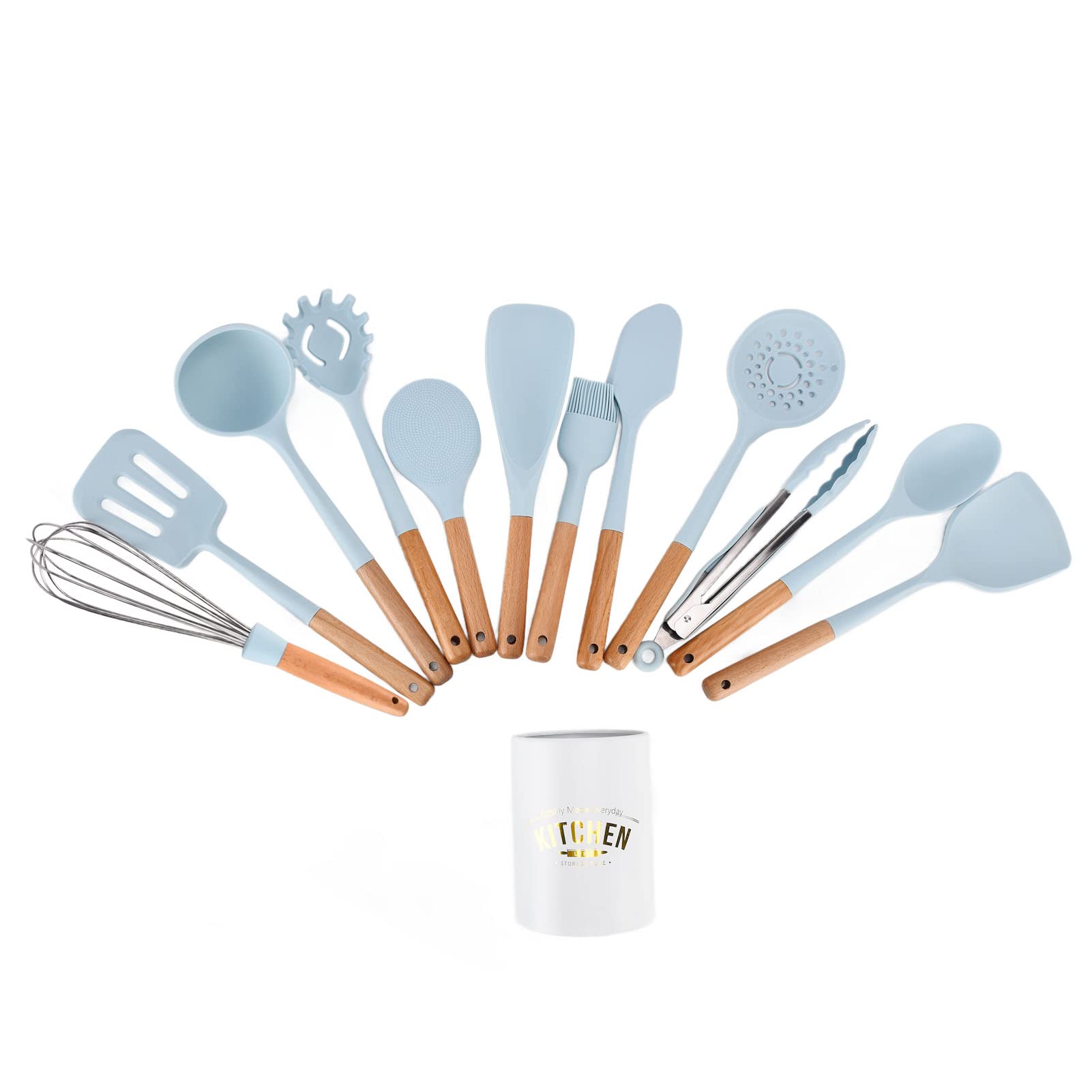 12-teiliges Silikon-Küchenutensilien-Set, antihaftbeschichtete Kochutensilien mit Holzgriffen, Wärmespatel, Löffelwender zum Backen, Braten, kostenlose Küchenhelfer für Hobbyköche