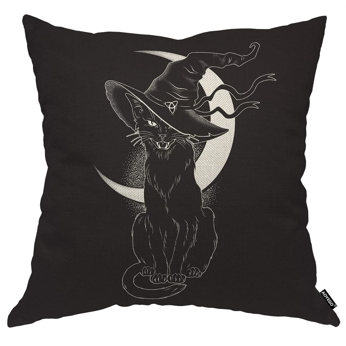 AOYEGO Black Cat and Moon Throw Pillow Cover Pointy Witch Hat Halloween Magic Wiccan Pillow Case 16x16 Inch Decorative Cotton Linen Square Cushion for Home Couch Bed