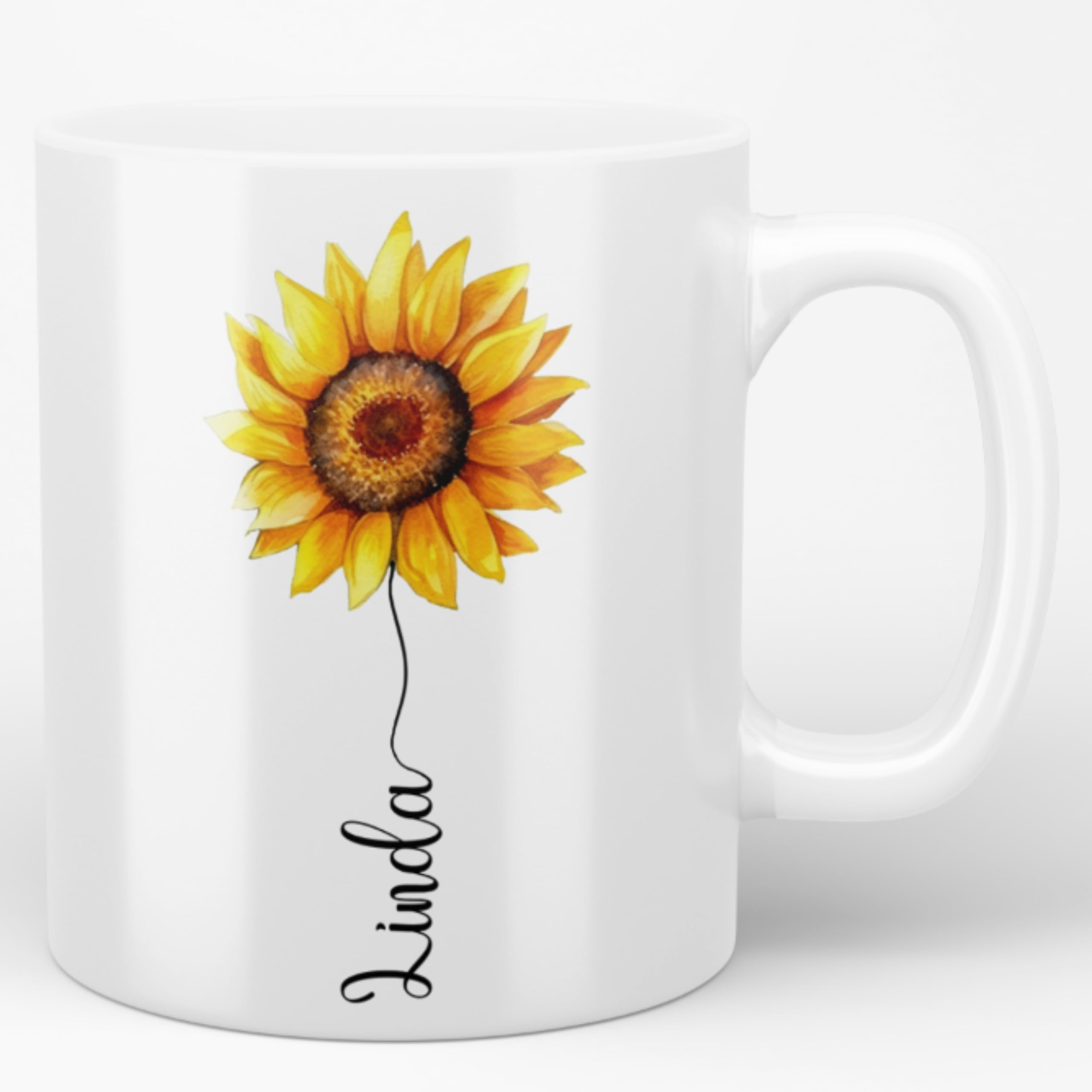 Personalised Sunflower Name Mug - Pretty Flower Mug Gift - 11oz Ceramic Coffee Cup (White Mug)