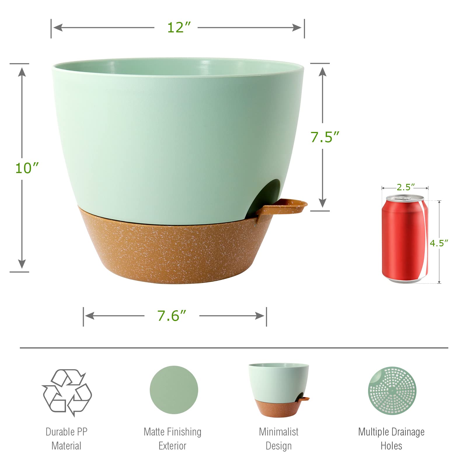 UOUZ 12inch 2Pack Large Self Watering Planters, Plastic Plant Pots with 60oZ Removable Deep Reservoir and Multi Mesh Drainage Holes for Indoor Outdoor Garden Plants and Flowers, Green with Brown: Black With Brown