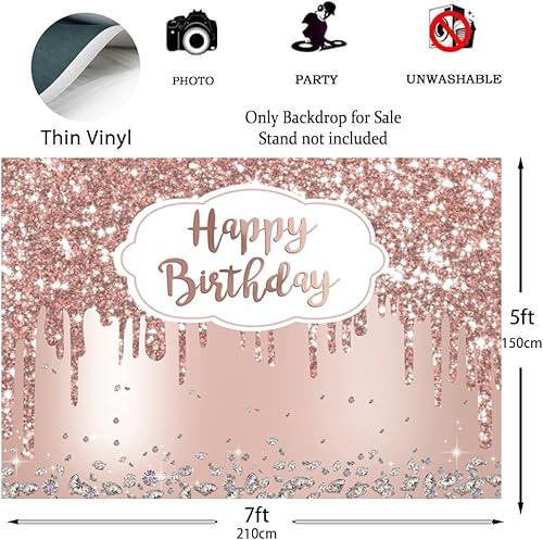 Miniatura 2 de Telón de fondo de feliz cumpleaños de oro rosa de 7 x 5 pies para niñas, princesa, mujer, decoración de fiesta de cumpleaños, fondo de fotografía de