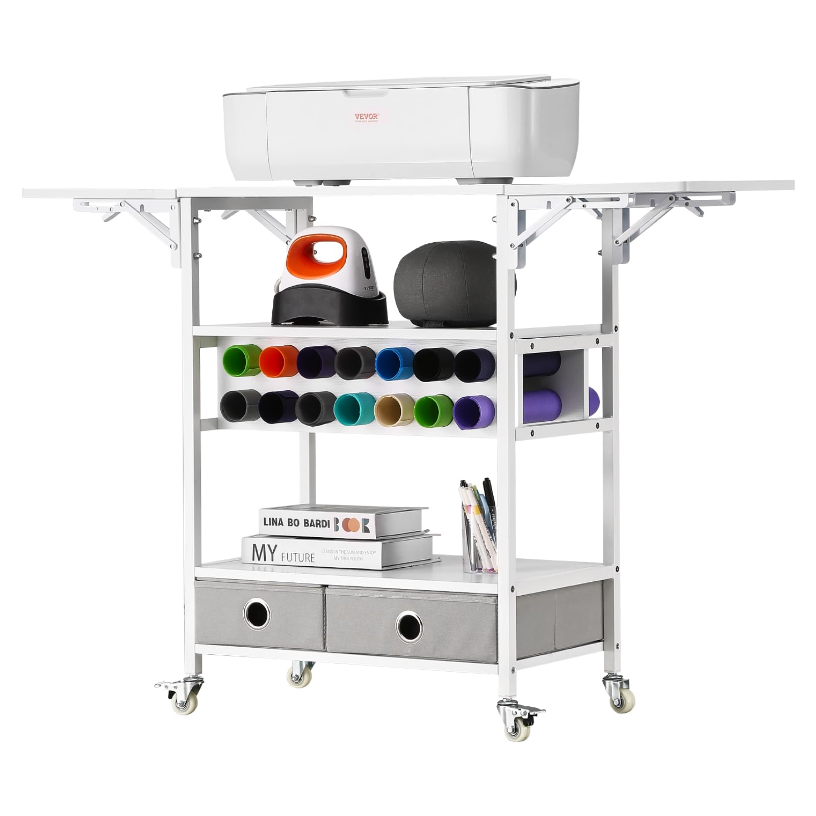 VEVOR Chariot de Rangement, Compatible avec les Plotters de Découpe, Table de Travail Artisanal, avec Côtés Pliables, Organisateur Mobile pour l'Artisanat avec 14 Porte-rouleaux de Vinyle et 2 Tiroirs