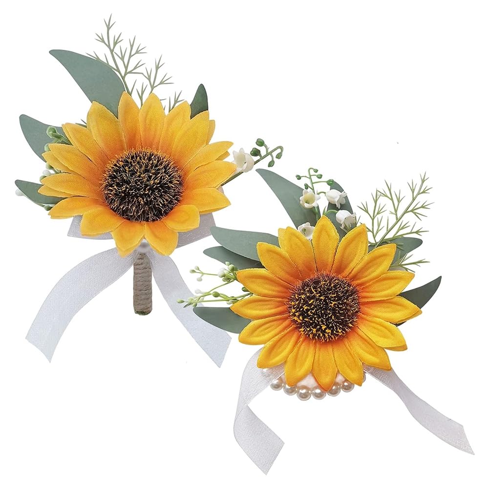 Hndhbfgrt For Wedding Artificial Sunflower Wrist Corsage and Boutonniere Set for Bride Groom Bridesmaid Flower Accessories