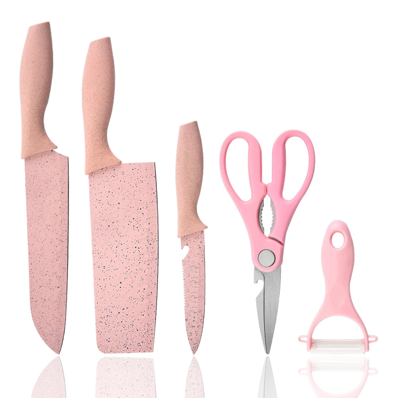 Bonaweite Pink Knife Set With Block - Chef Cooking Knives, Wheat Straw Stainless Steel Kitchen Ware