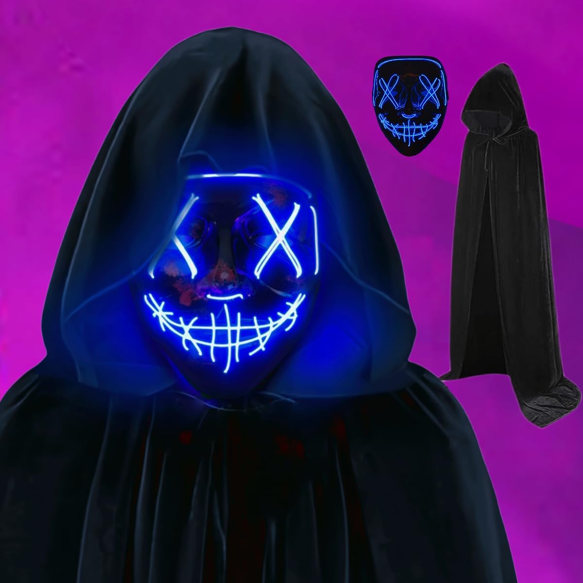 Halloween Mask Hooded Cloak Set, LED Light Up Mask Scary for Festival Cosplay Halloween Costume Party Supplies,Gift Halloween Mask Hooded Cloak Set, LED Light Up Mask Scary for Festival Cosplay Halloween Costume Party Supplies,Gift
