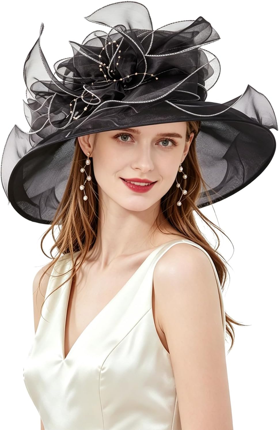 Women Derby Fascinator Hat Organza Church Wedding Hats Wide Brim Cocktail Tea Party Hat