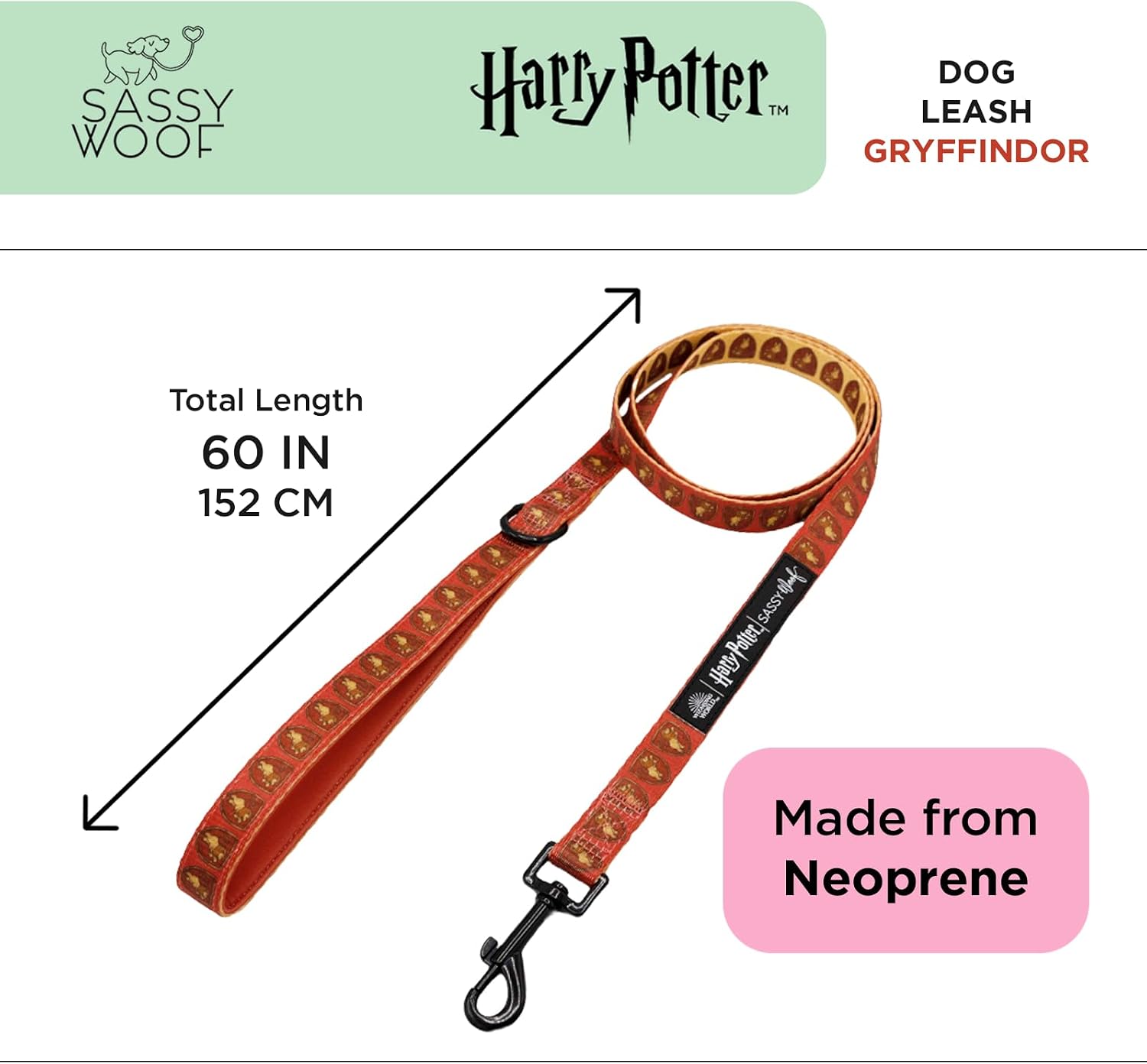 Sassy Woof Harry Potter™ Gryffindor Dog Leash 60-Inch with Neoprene Padded Handle - Comfortable, Durable, and Stylish for Small to Large Dogs