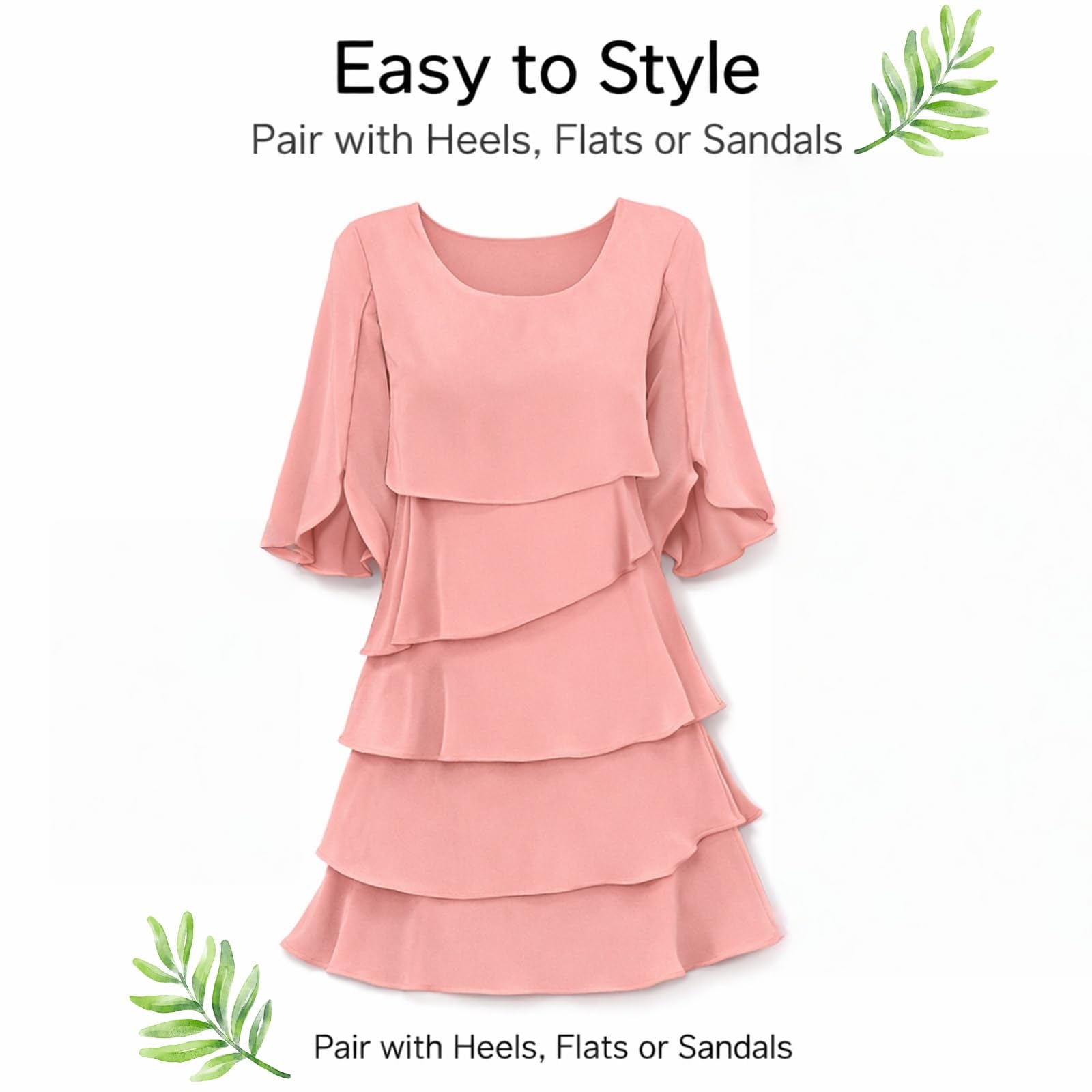 Generisch Elegantes Damen-Kleid mit gestuften Rüschenärmeln – Fließendes Midi-Kleid aus Chiffon mit Rundhalsausschnitt und mehrstufigen Rüschenlagen – Für Freizeit & Party
