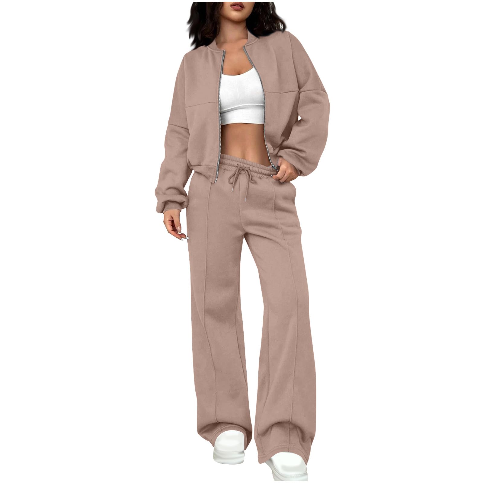 Women Full Zip Sweatsuits and Drawstring Sweatpants Two Piece Set Long Sleeve Bomber Sweatshirt Fall Tracksuit