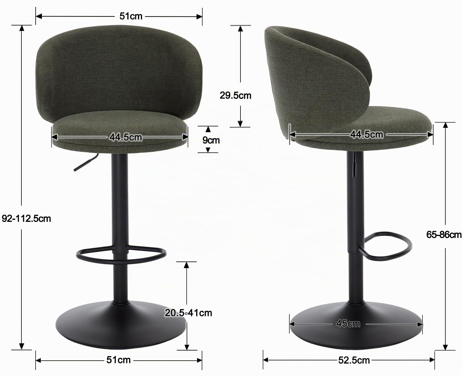 Ya-Home Barhocker 2er Set Küchenhocker Höhenverstellbar, Leinen, Grün