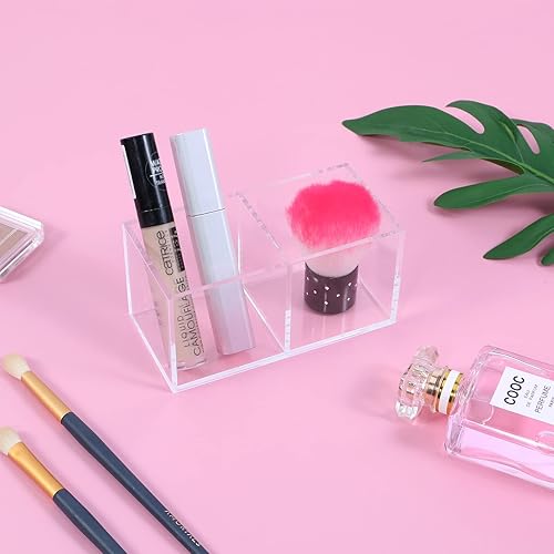 Miniatura 5 de Organizador de brochas de maquillaje acrílico, 2 secciones y 2 compartimentos, soporte de lápiz labial de plástico transparente de 4.72 x 2.36 x