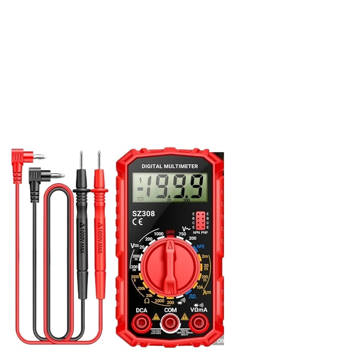 SZ308 Square Wave Digital Tester Counts Triode Buzzer Multimeter AC/DC Voltage 10A Current Multimeters Meter Tool(Red)