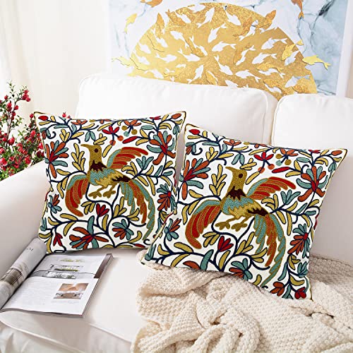 Alysheer Embroidered Summer Decorative Throw Pillow Cover 18"x 18" Set of 2, Boho Orange Bird Embroidery Patterned Cotton Cushion Case for Sofa Couch Living Room Bedroom Outdoor